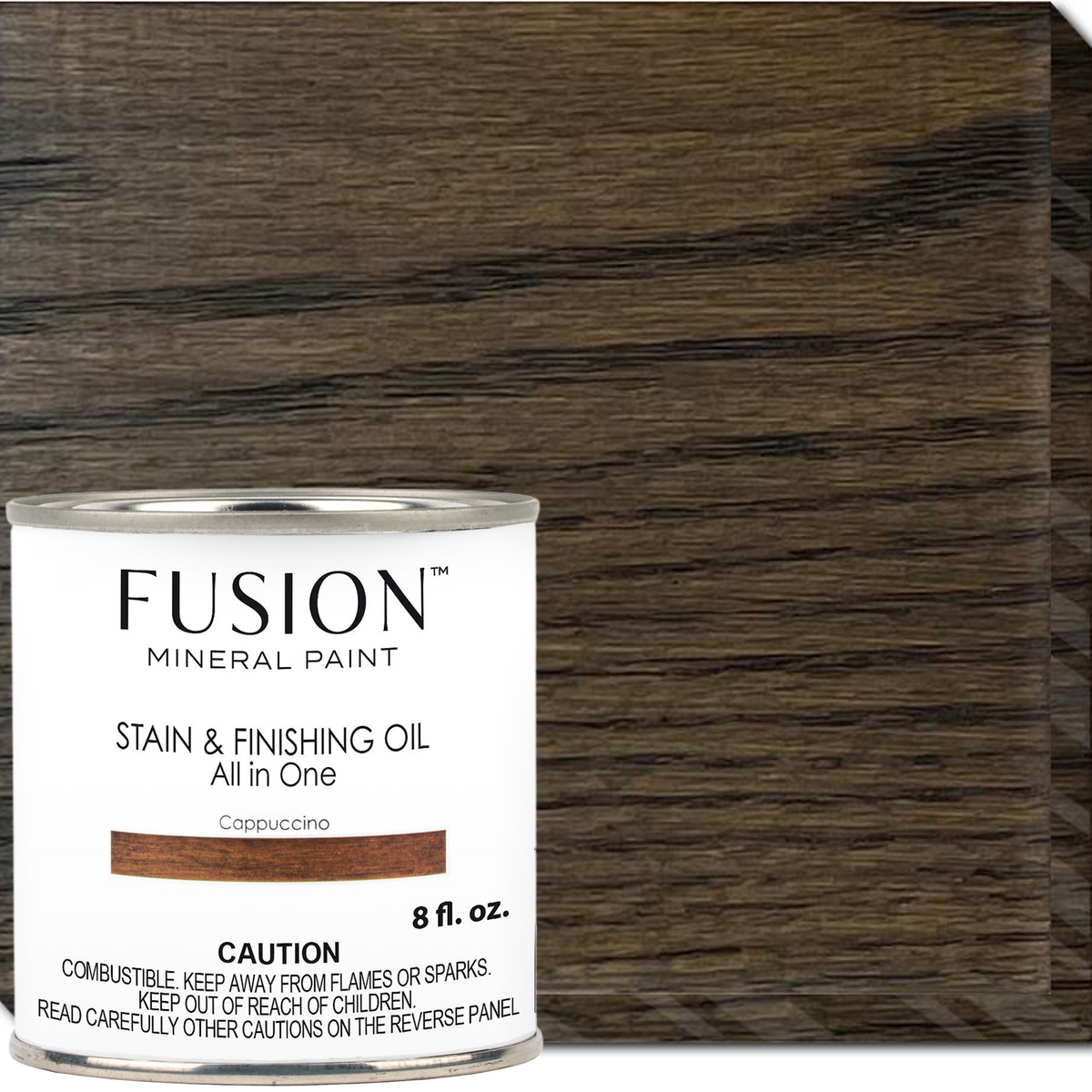 Fusion Mineral Paint Stain & Finishing Oil—All In One in Cappuccino with a sample of the wood finish shown.