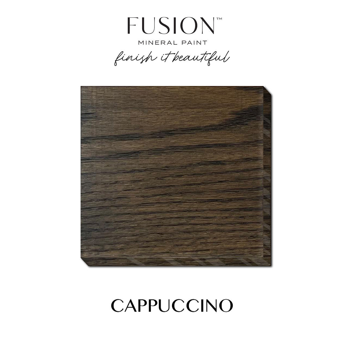 Dark brown square wood sample with Stain & Finishing Oil - All In One by Fusion Mineral Paint.