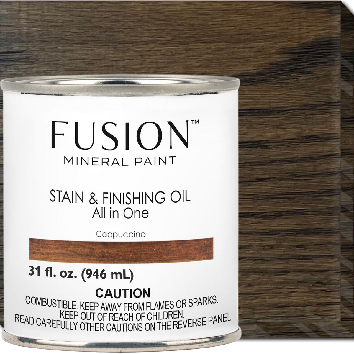Fusion Mineral Paint Stain & Finishing Oil - All In One in Cappuccino with wood sample displaying the finish.