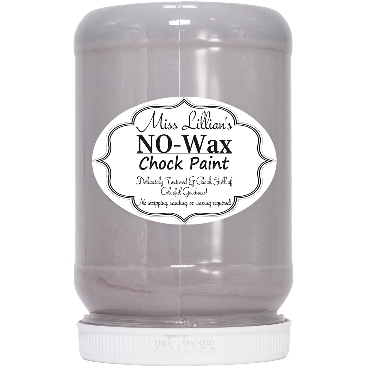 Miss Lillian’s Paint Steel No-Wax Chock Paint jar with gray chalk paint for furniture restoration.