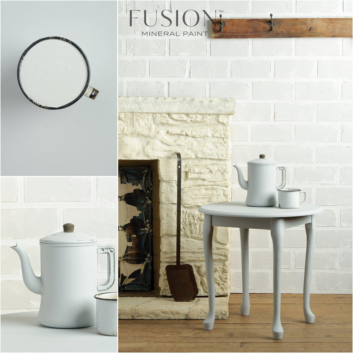 Sterling Fusion Mineral Paint container on a small round table, white brick wall and fireplace in background.