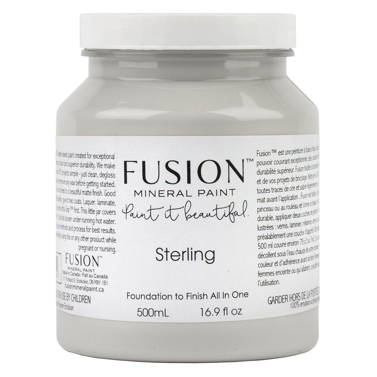 Sterling Fusion Mineral Paint 500mL jar, all-in-one acrylic with matte finish.