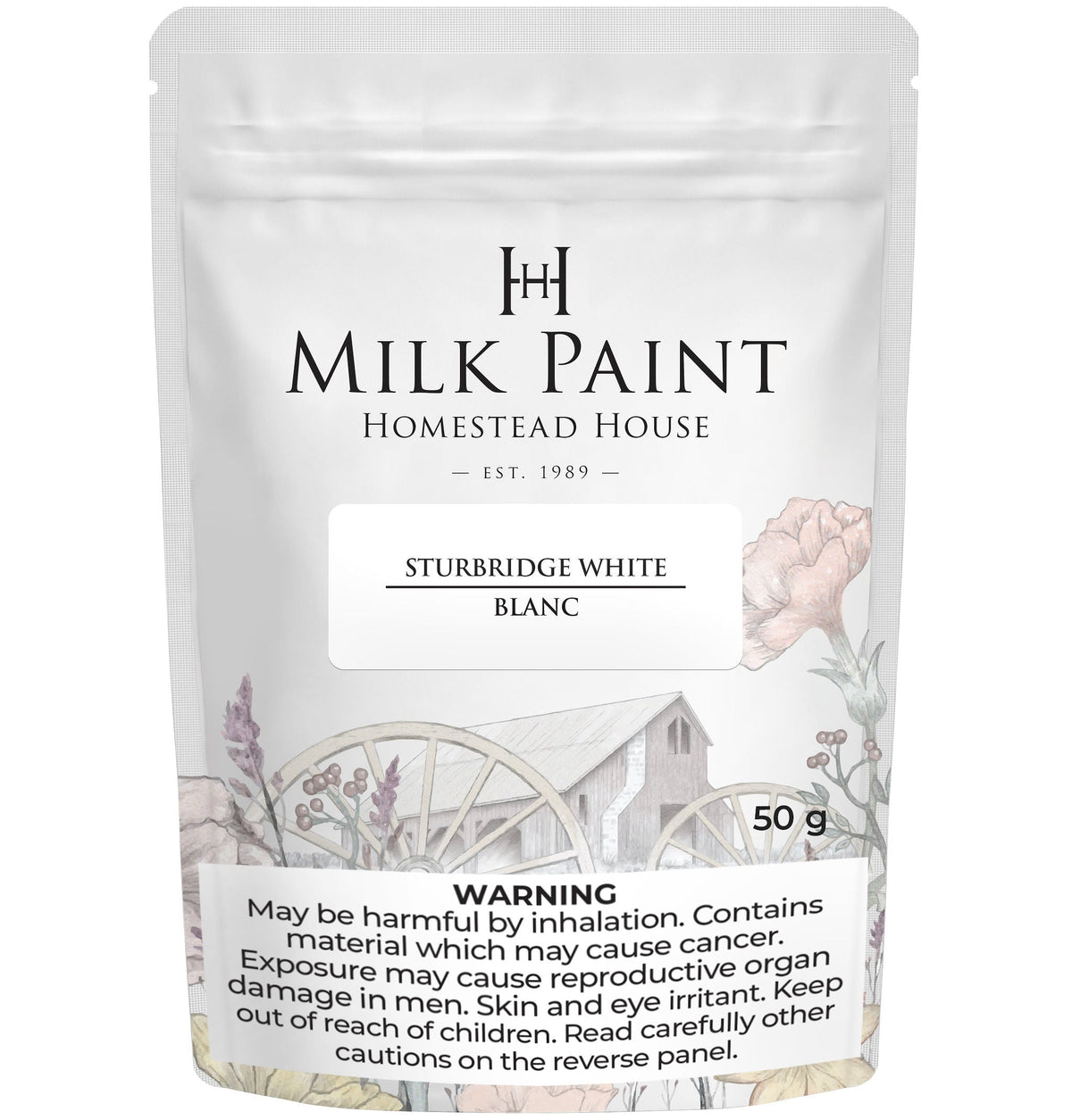 50g bag of Sturbridge White Milk Paint by Homestead House with health warnings printed at the bottom.