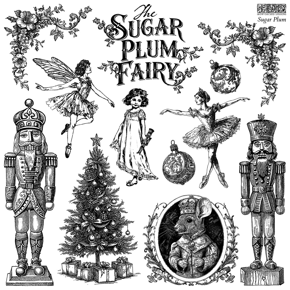 Fairy, ballerina, and nutcracker designs from the IOD Sugar Plum Stamp by Iron Orchid Designs in a holiday scene.