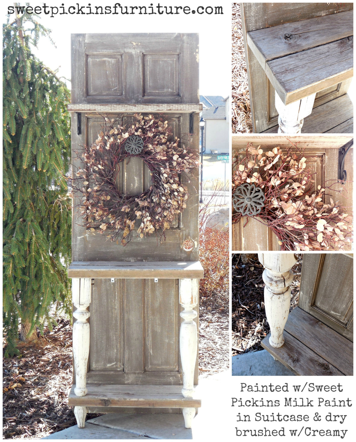 Suitcase by Old Fashioned Milk Paint with creamy, VOC-free finish; close-ups of rustic wood and painted legs.