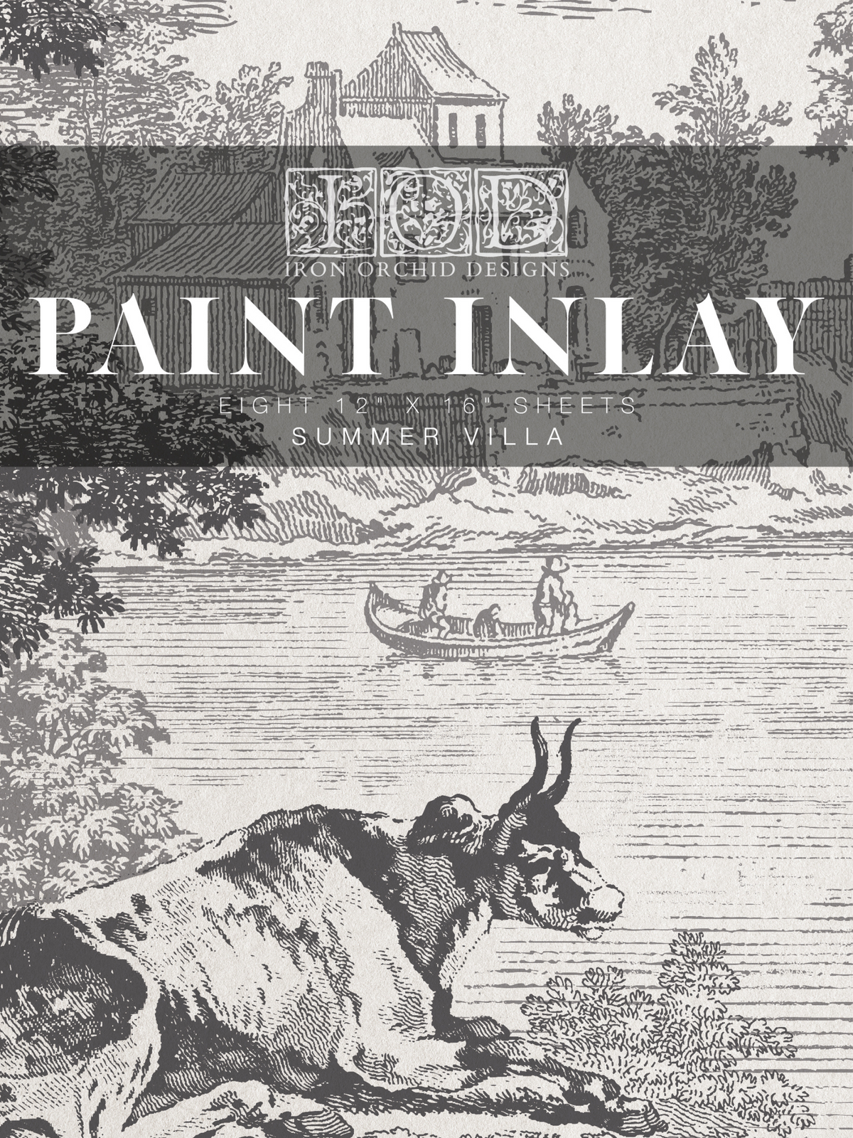Black & white sketch featuring a cow, two people in a boat, and a house from IOD Summer Villa Paint Inlay.
