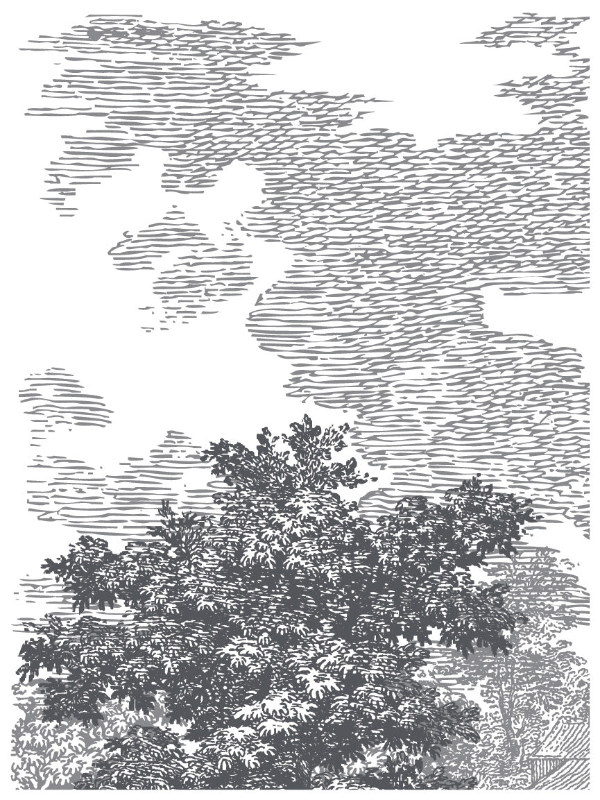 Black and white tree sketch with textured clouds, inspired by I.O.D. Summer Villa Paint Inlay designs.