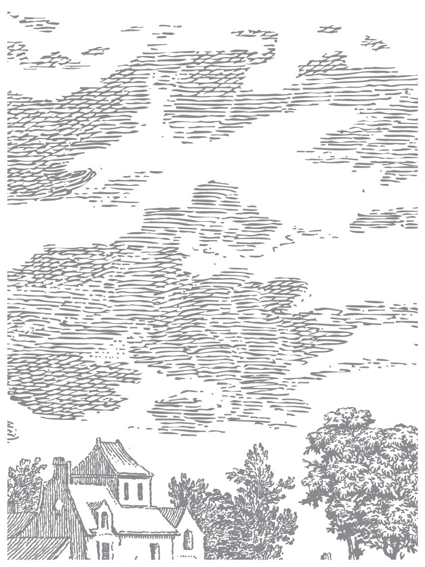 Black and white line art of a house, trees, and sky, inspired by I.O.D. Summer Villa Paint Inlay from Iron Orchid Designs.