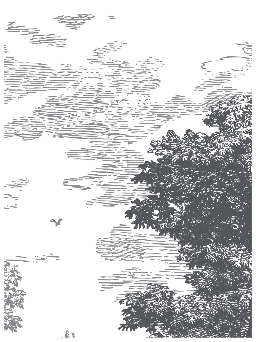 Black-and-white sketch of clouds, trees, and a bird for Summer Villa Paint Inlay by I.O.D., Iron Orchid Designs.