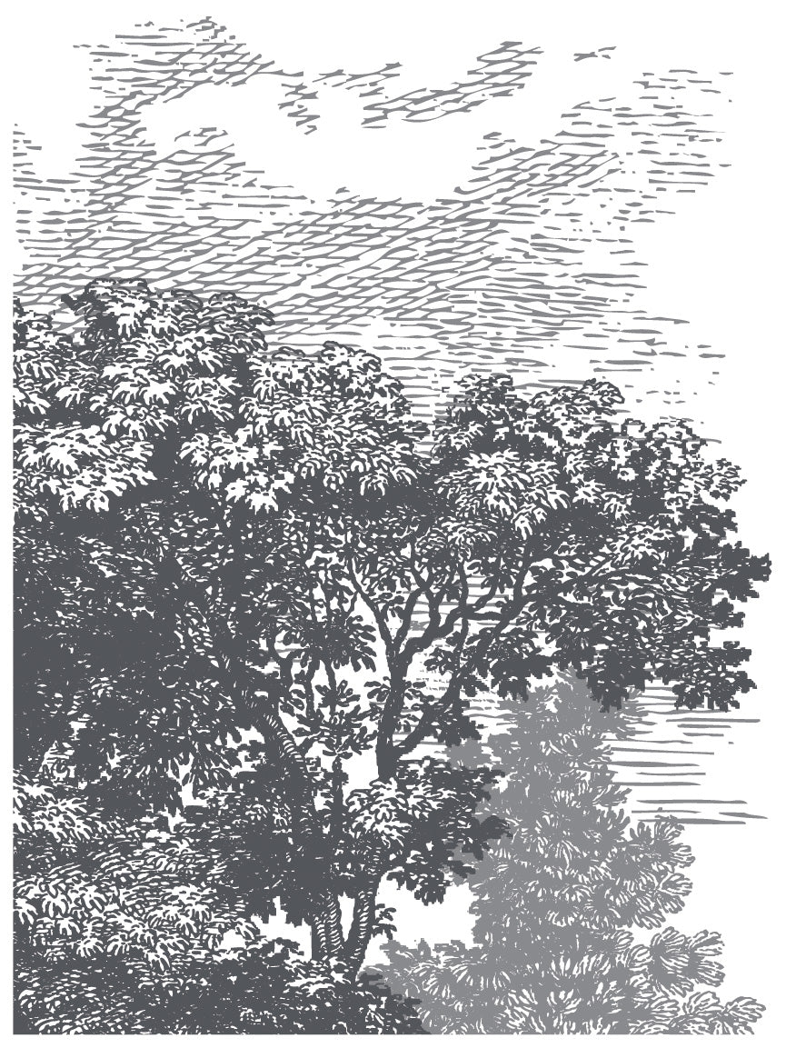 Black and white woodcut of leafy trees under clouds, inspired by I.O.D. Summer Villa Paint Inlay by Iron Orchid Designs.