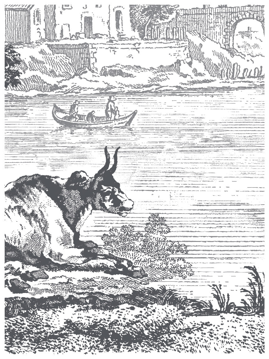 Cow by a river with two rowers passing; buildings and Summer Villa Paint Inlay by I.O.D. in the background.