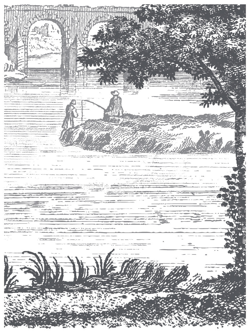 Two people fishing on an island with an arched bridge in the background, inspired by Summer Villa Paint Inlay by I.O.D.