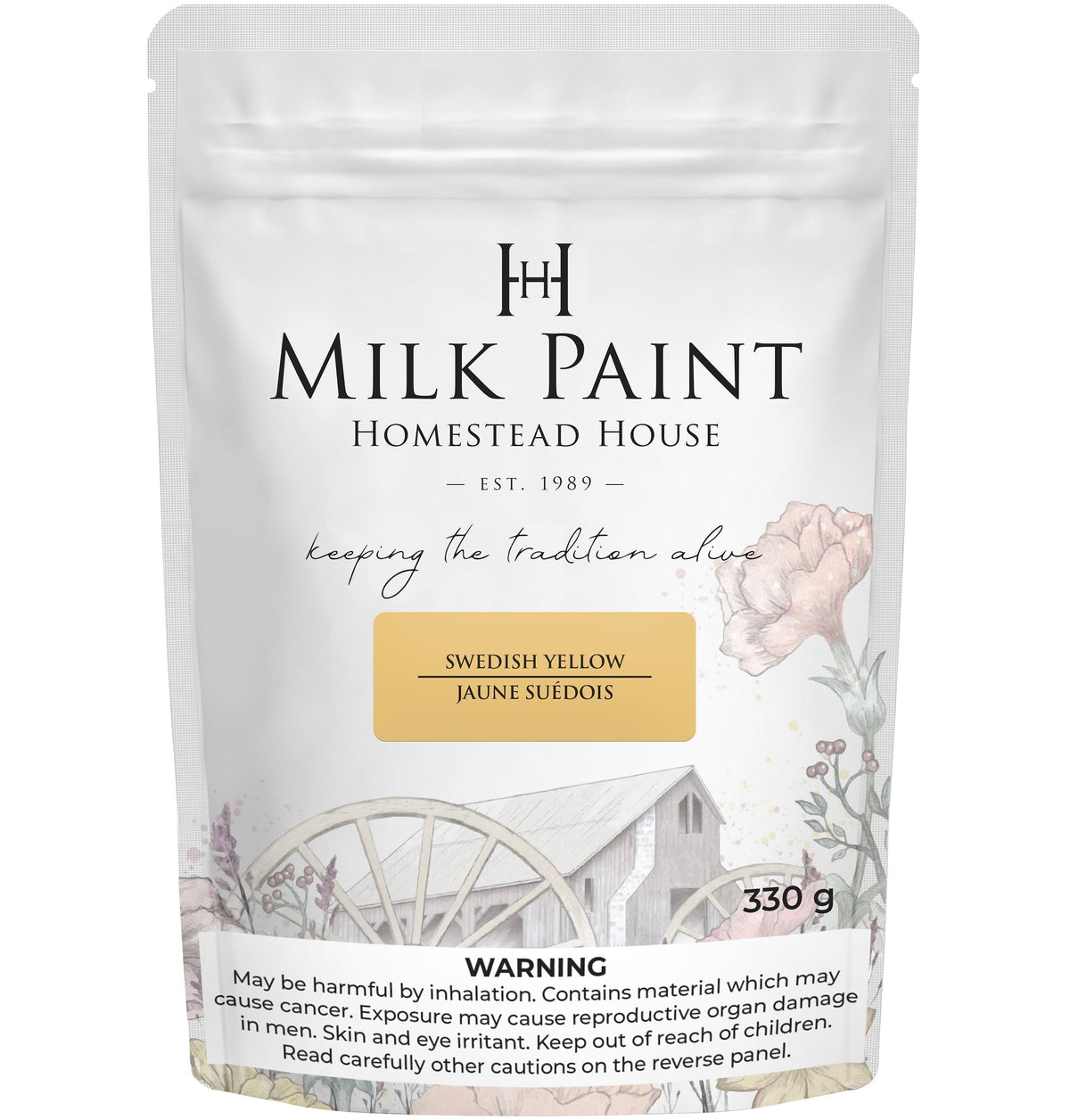 Homestead House Swedish Yellow Milk Paint, 330g bag, with rustic barn and floral-themed packaging.