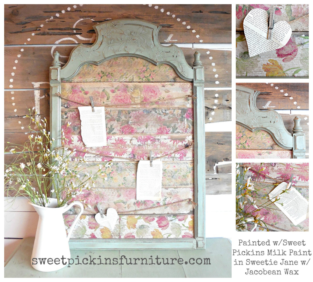 Green vintage frame painted with Sweetie Jane by Old Fashioned Milk Paint, shown with notes and a white floral pitcher.