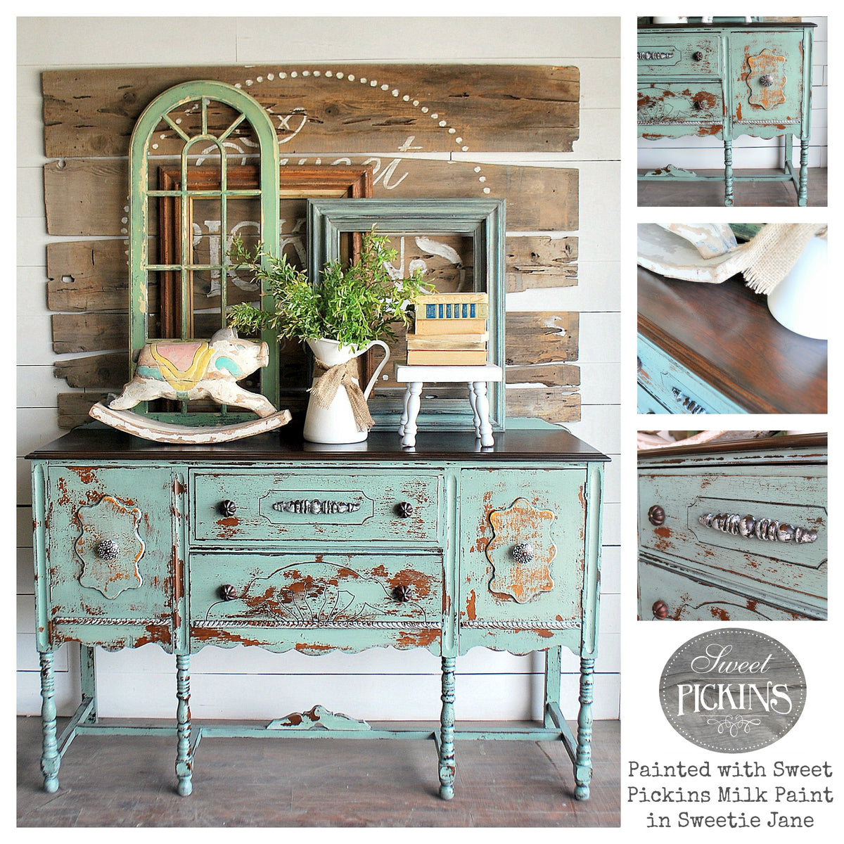 Distressed turquoise sideboard in Sweetie Jane by Old Fashioned Milk Paint, with vintage decor and a rocking horse.