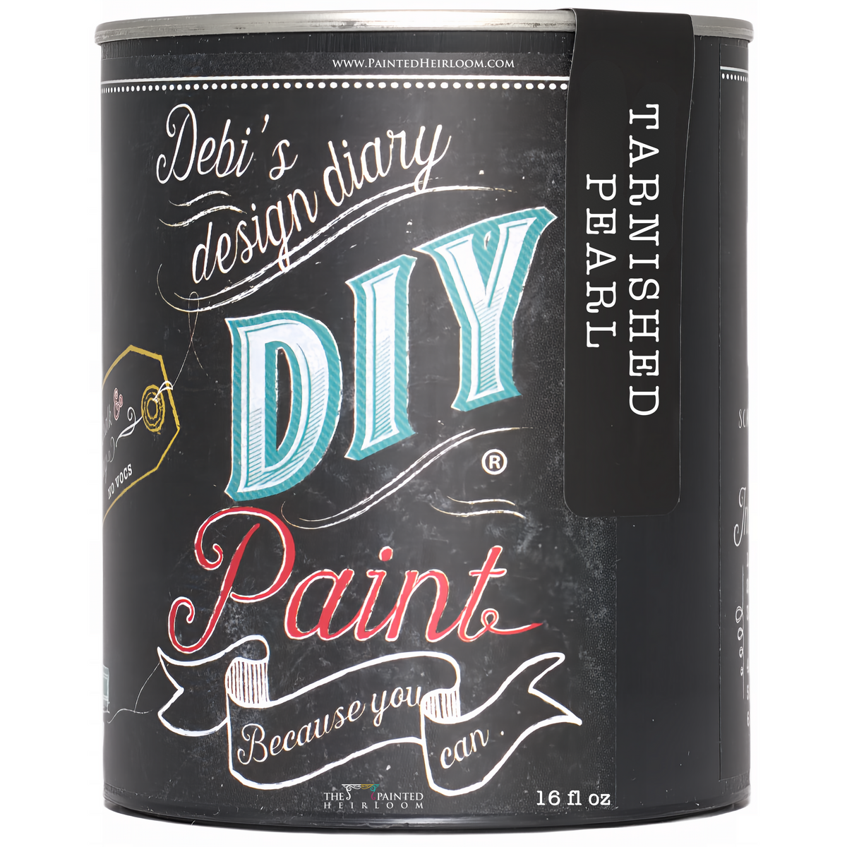 16 oz Tarnished Pearl DIY Paint can by DIY Paint Co. with chalkboard-style label, clay/chalk paint formula.