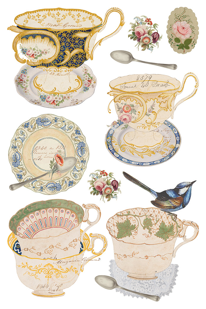The Belgravia Transfer by IOD with vintage teacups, saucers, flowers, and bird on white background.