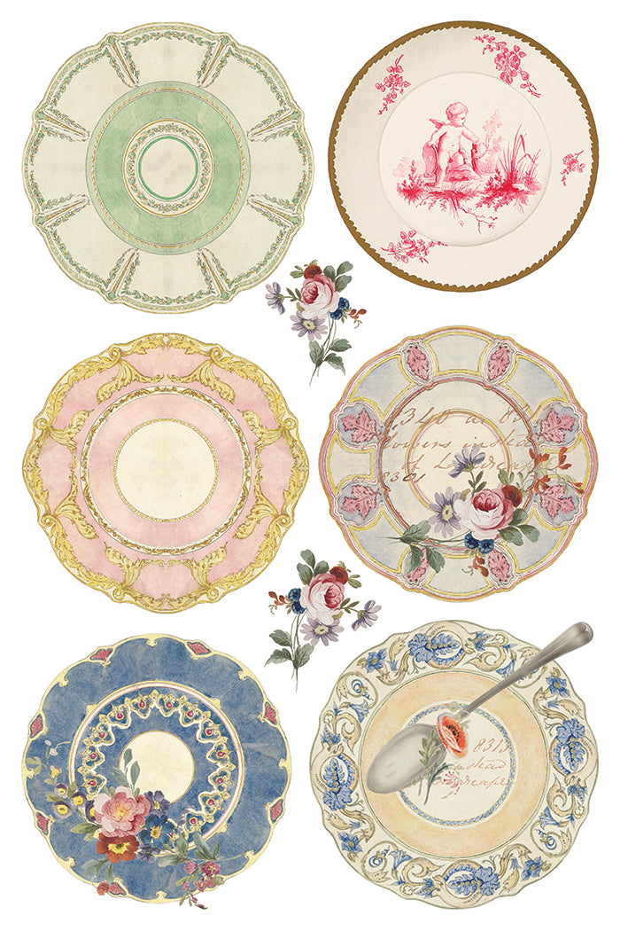 Six vintage plates with floral patterns from The Belgravia Transfer by IOD, Iron Orchid Designs collection.