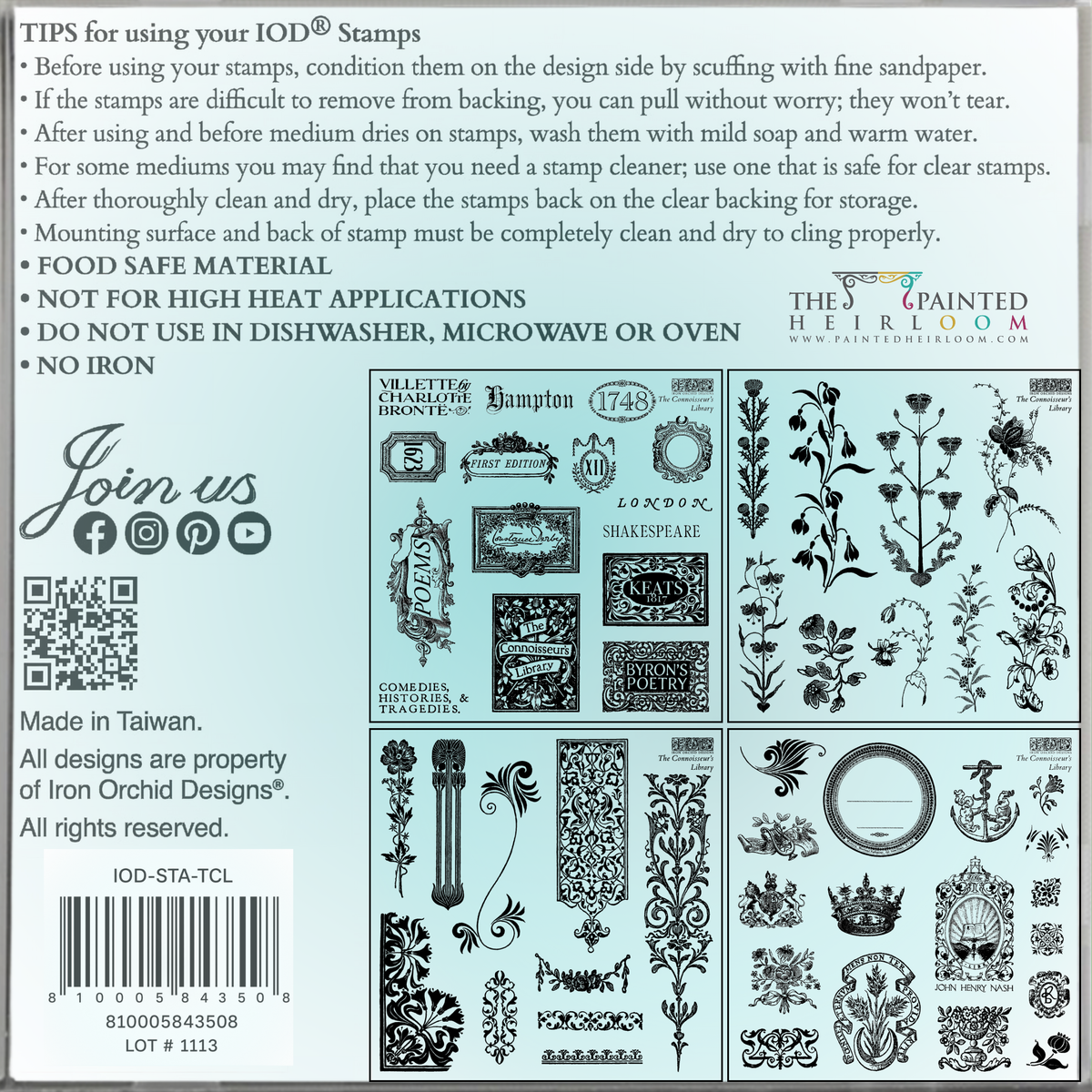 The Connoisseur’s Library Mini Stamp by I.O.D. with use instructions, cautions, and brand info on packaging.