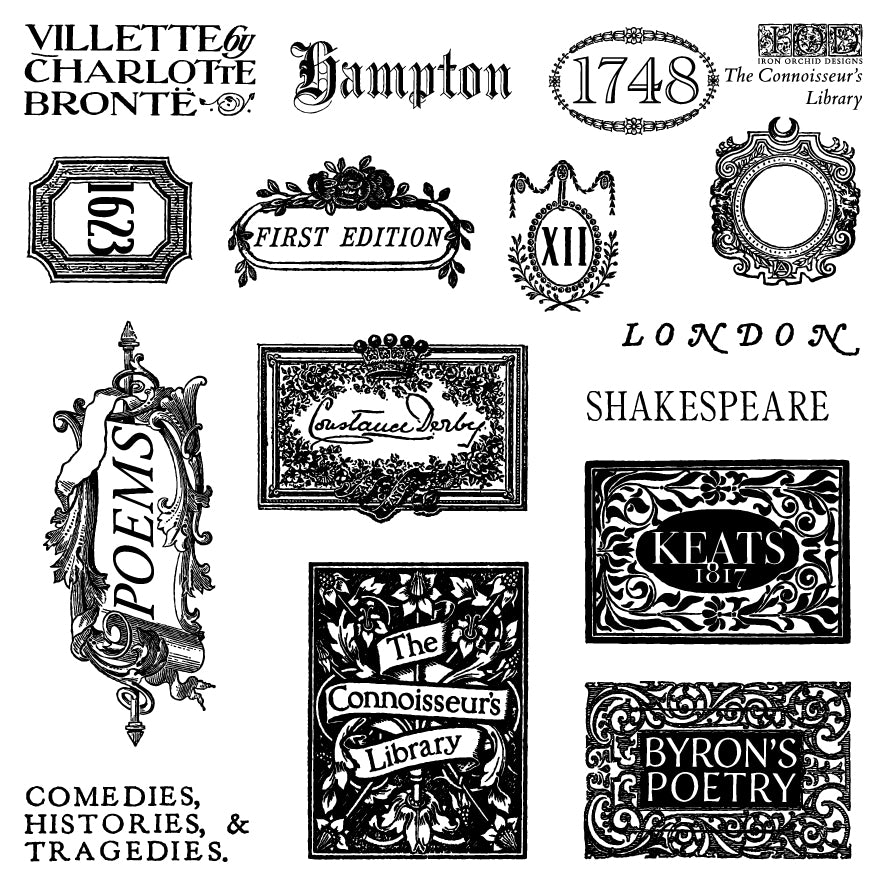 The Connoisseur’s Library Mini Stamp by I.O.D. featuring vintage bookplate and decor designs for book lovers.