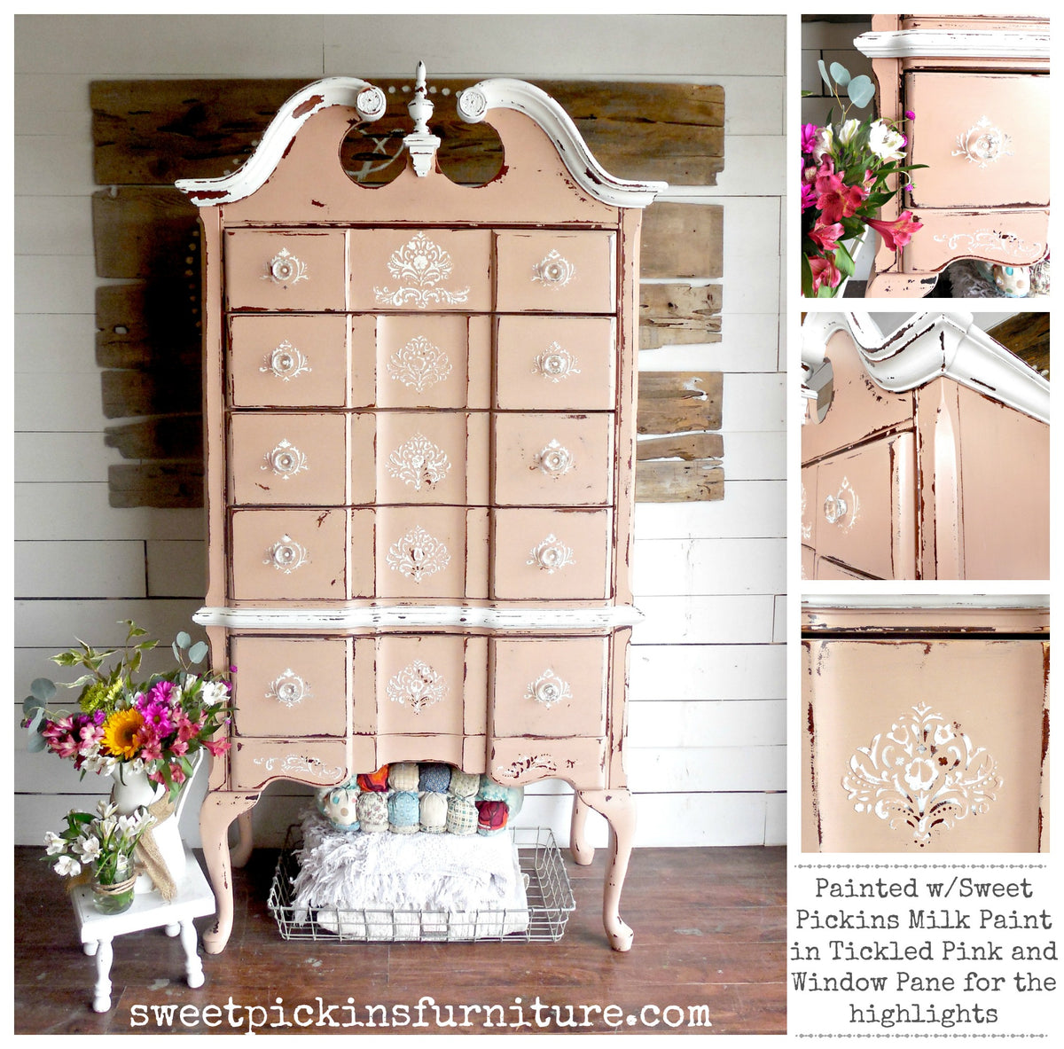 Ornate dresser painted Tickled Pink by Old Fashioned Milk Paint with floral accents, surrounded by flowers and yarn.