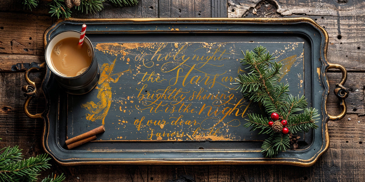 Tray with festive greenery, coffee, and O Holy Night lyrics in gold using I.O.D. Tinsel Gilded Transfer.