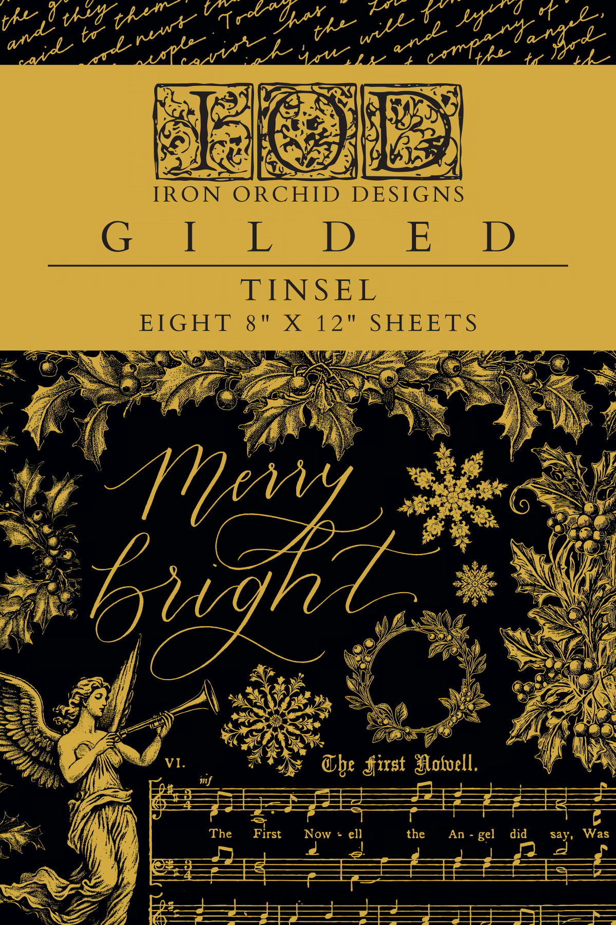 Tinsel Gilded Transfer 2024 by I.O.D., pack of 8 gold sheets with Merry, angels, and music holiday designs.