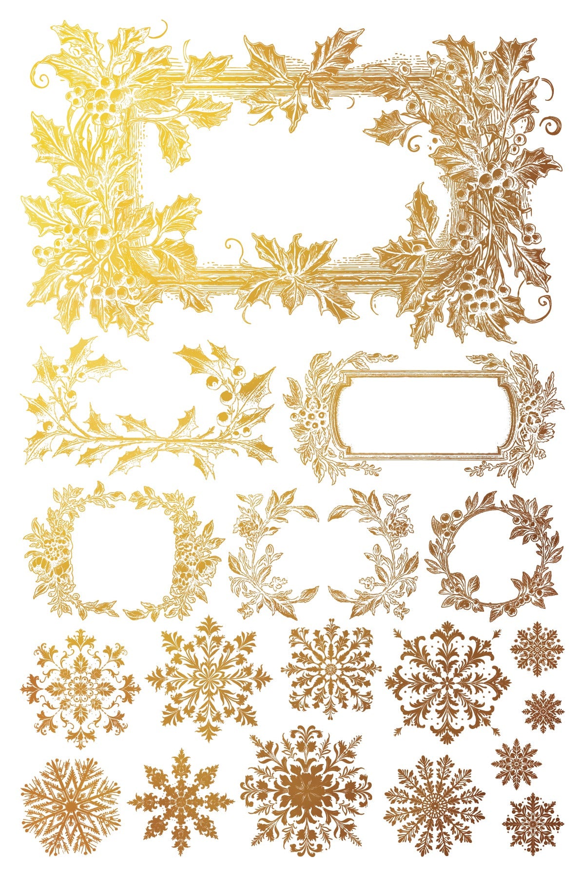 IOD 2024 Tinsel Gilded Transfer with gold frames, holly wreaths, and snowflake motifs.