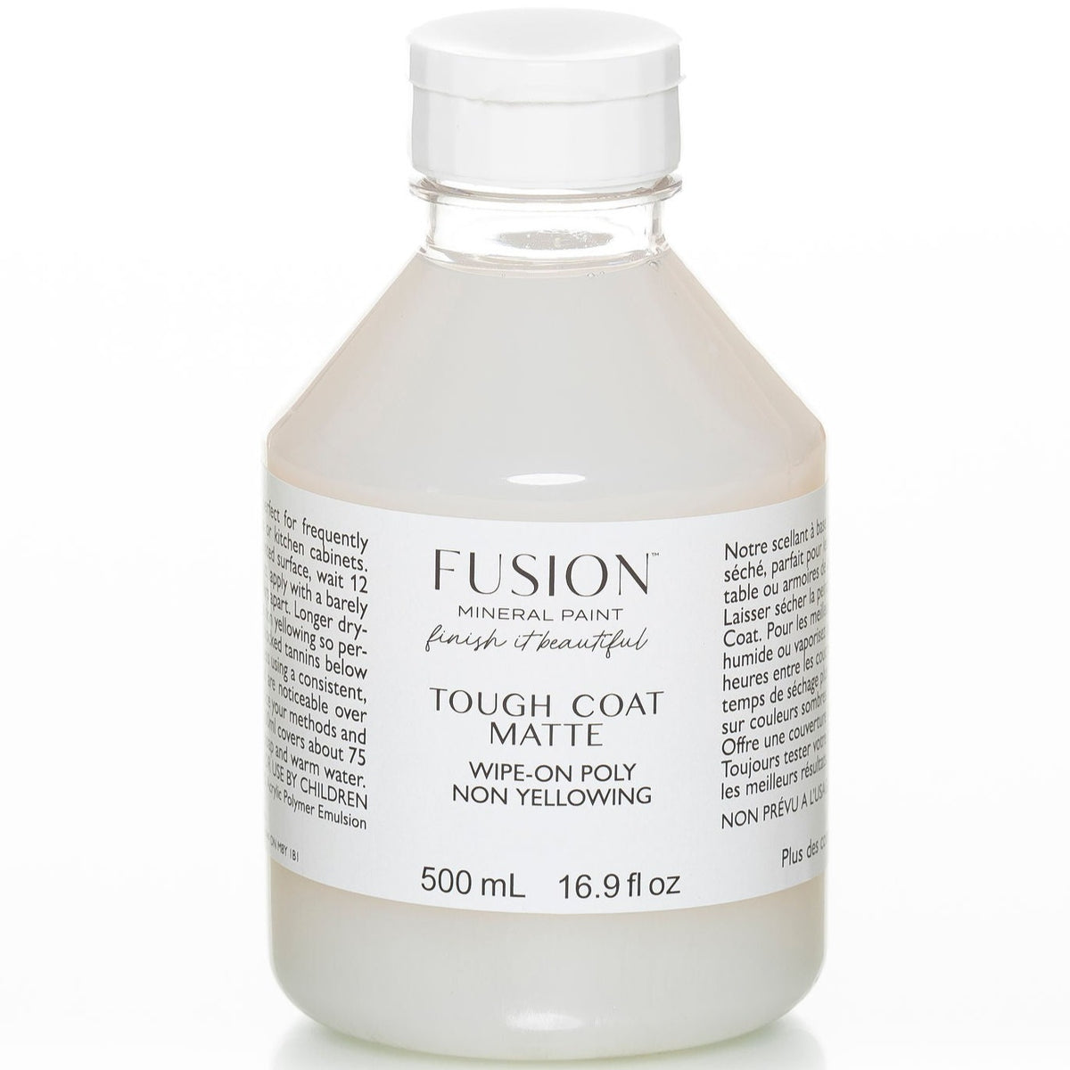 500ml Fusion Mineral Paint Tough Coat Matte Wipe-On Poly in clear bottle with white cap and branded label.