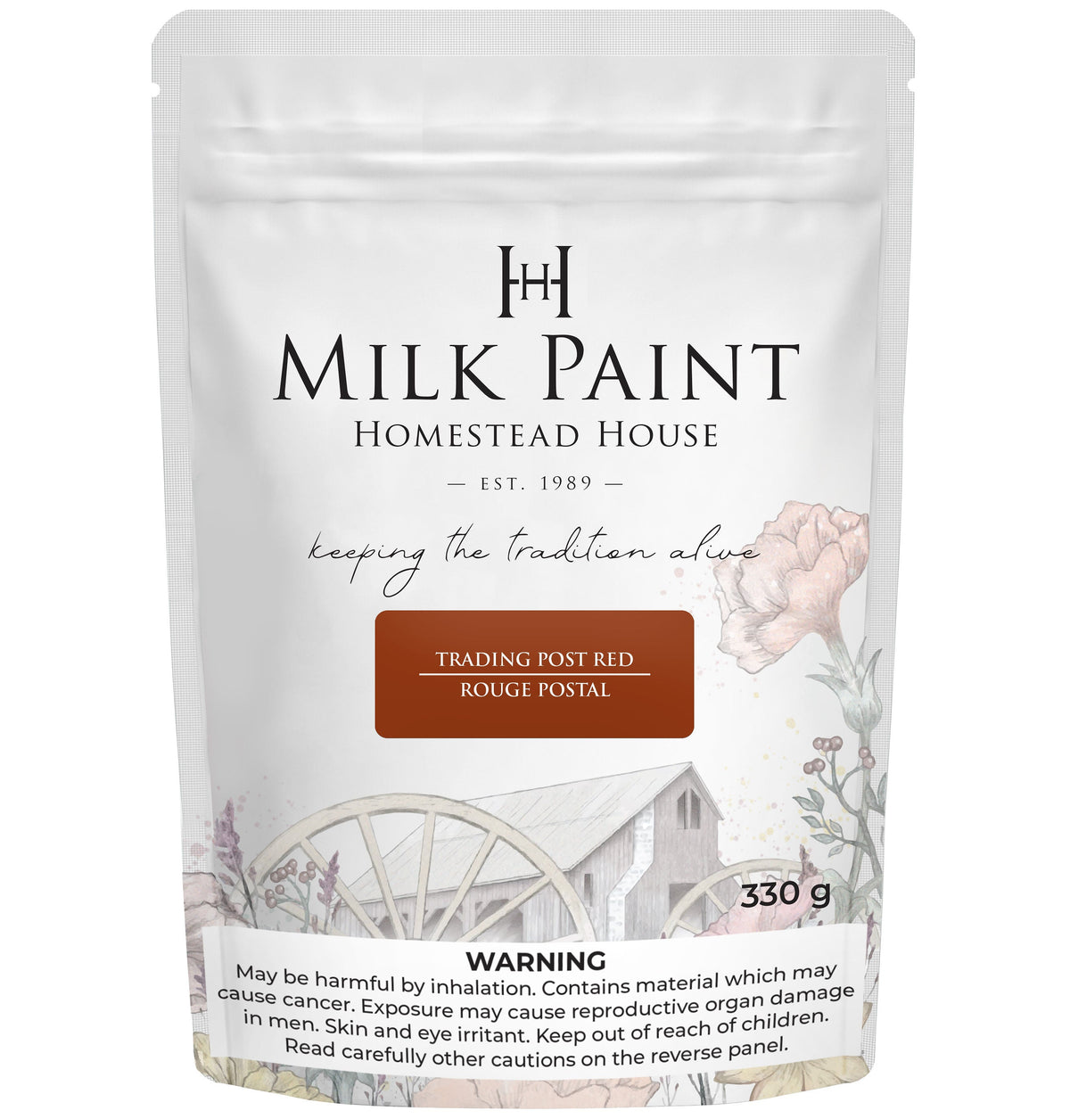 330g Trading Post Red Milk Paint by Homestead House, with warning label and floral artwork on package.