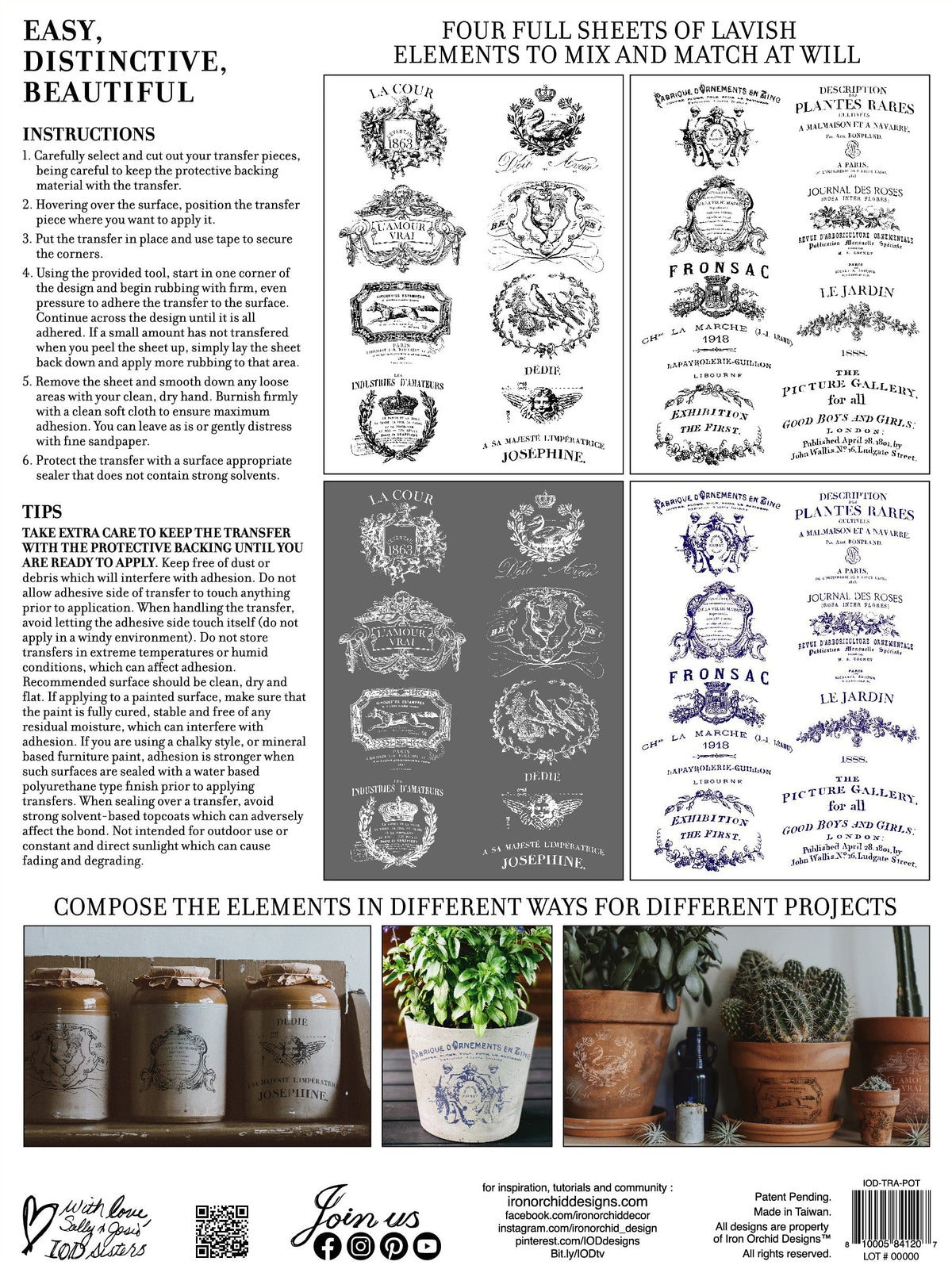 Please specify which text to shorten, such as rub-on transfer section or IOD Traditional Pots Decor Transfer.
