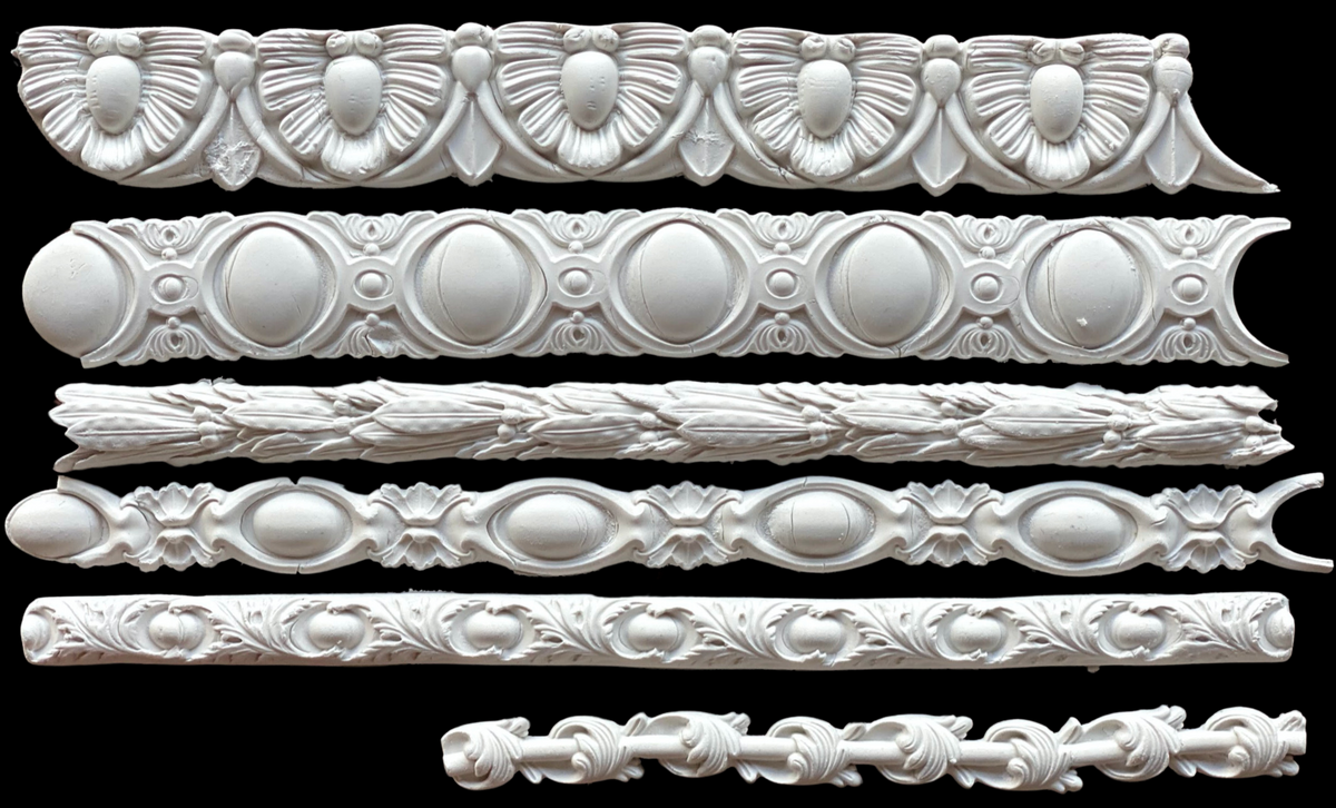 Five I.O.D. Trimmings 3 ornate mould pieces, air dry clay, displayed on a black background.