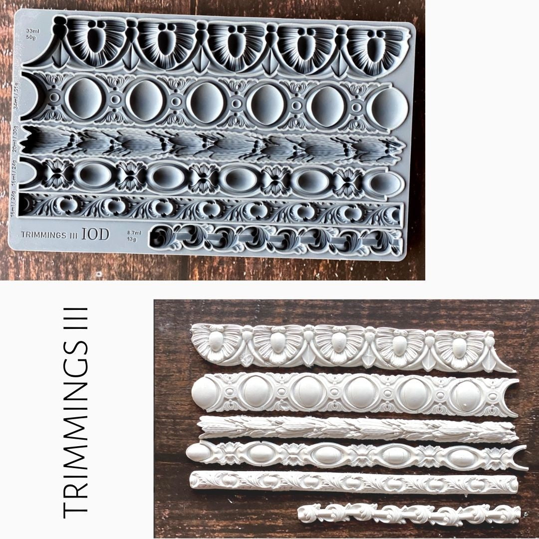 Trimmings 3 Mould by I.O.D. featuring six ornate silicone trim designs displayed on a white background.