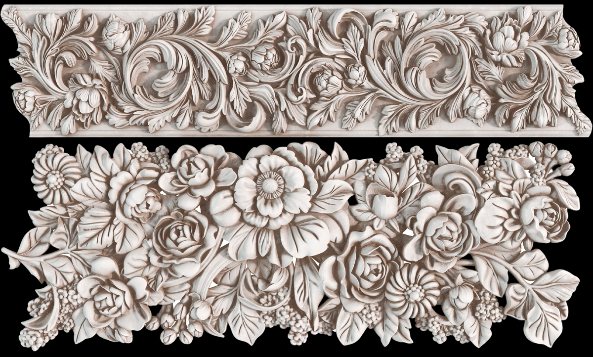 Two panels with swirling leaves and roses, created using I.O.D. Trimmings 4 Mould by Iron Orchid Designs.