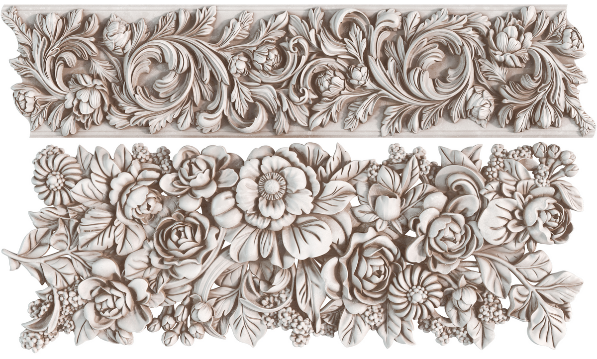Two panels with classical floral and leaf motifs created using I.O.D. Trimmings 4 Mould.