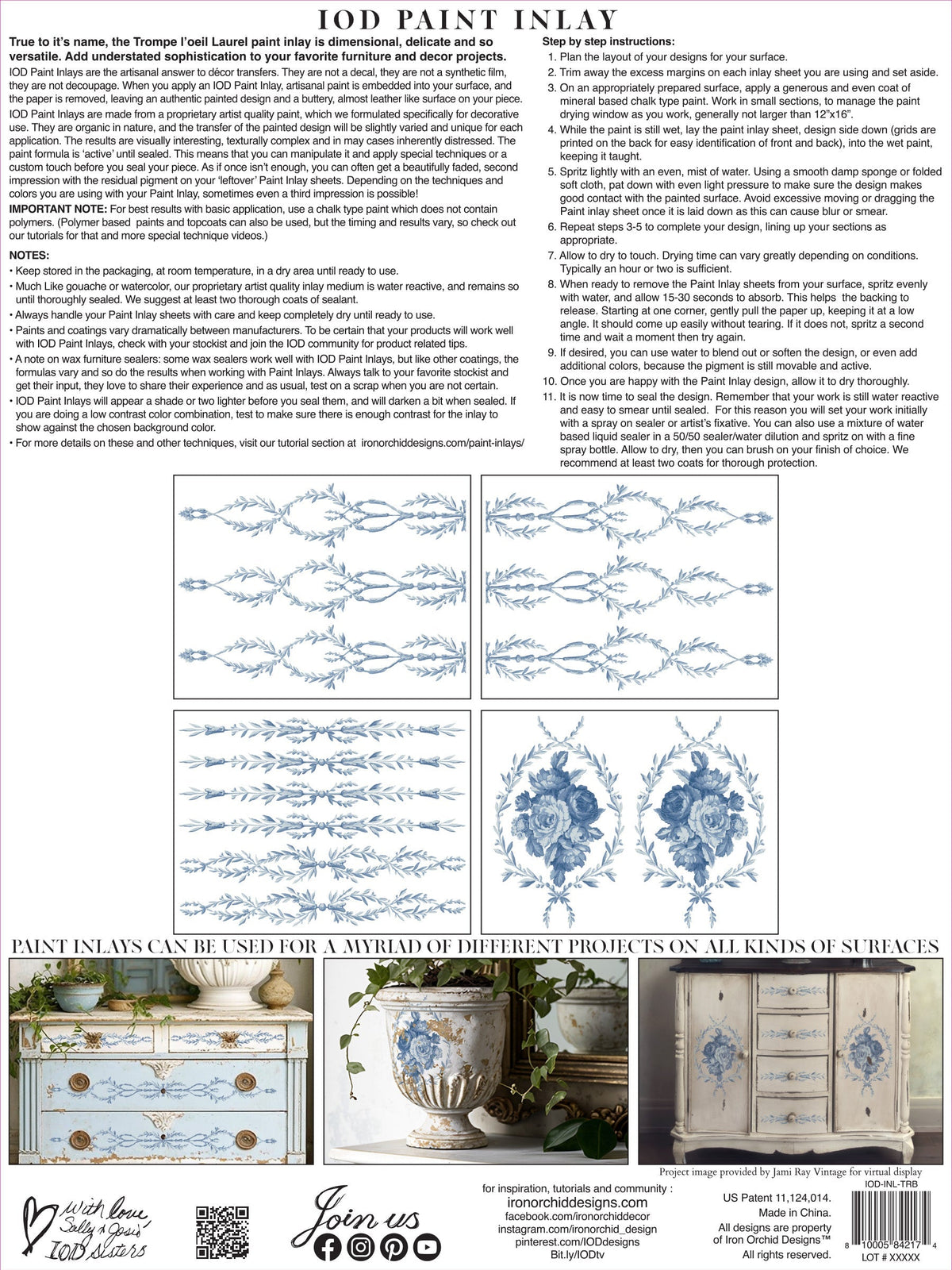 Trompe L’oeil Bleu Paint Inlay by I.O.D. guide featuring blue floral designs and upcycling instructions.