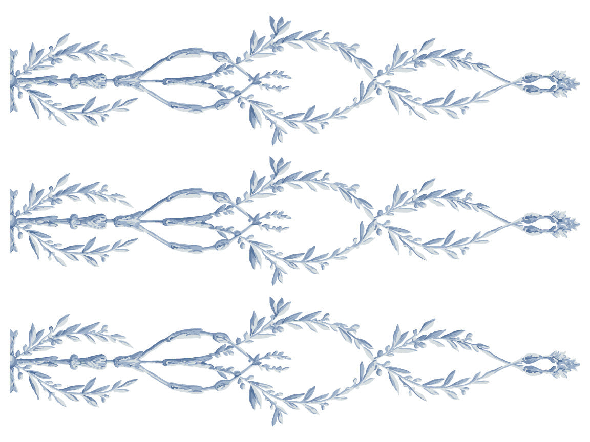 Three rows of blue branches from the I.O.D. Trompe L’oeil Bleu Paint Inlay design pattern.