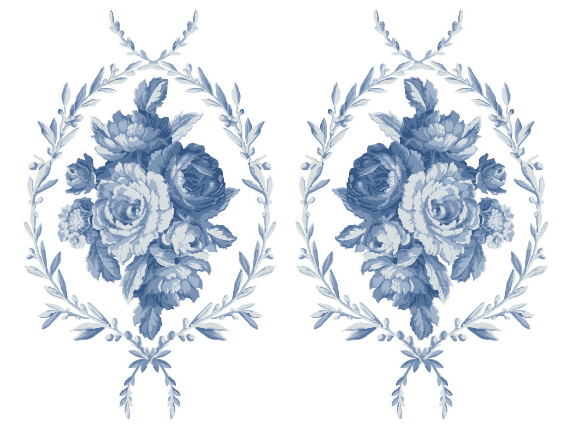 Trompe L’oeil Bleu Paint Inlay by I.O.D. featuring blue floral ovals, suitable for design or upcycling projects.