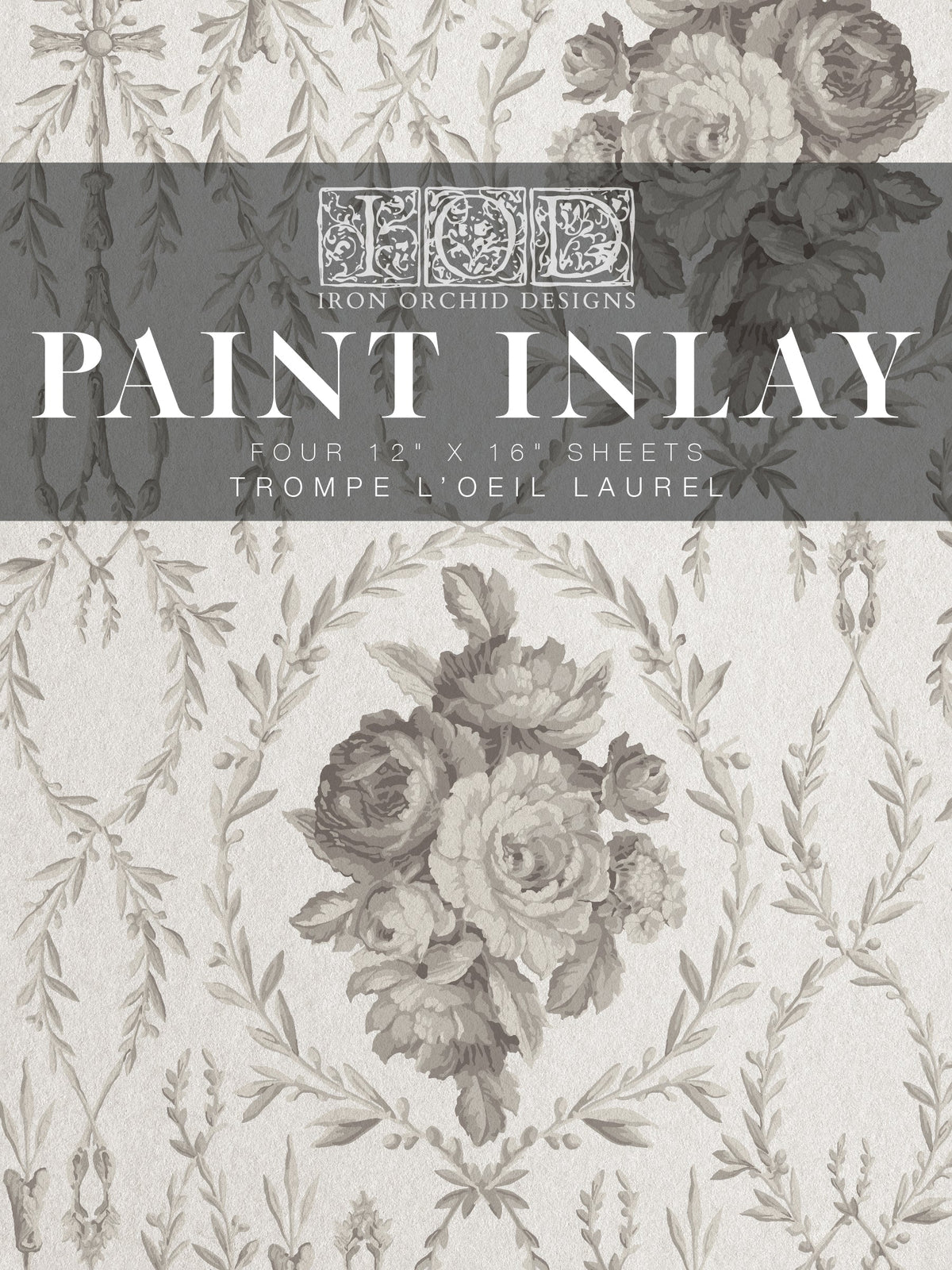Trompe L’oeil Laurel Paint Inlay by I.O.D. with gray floral and leaf designs.