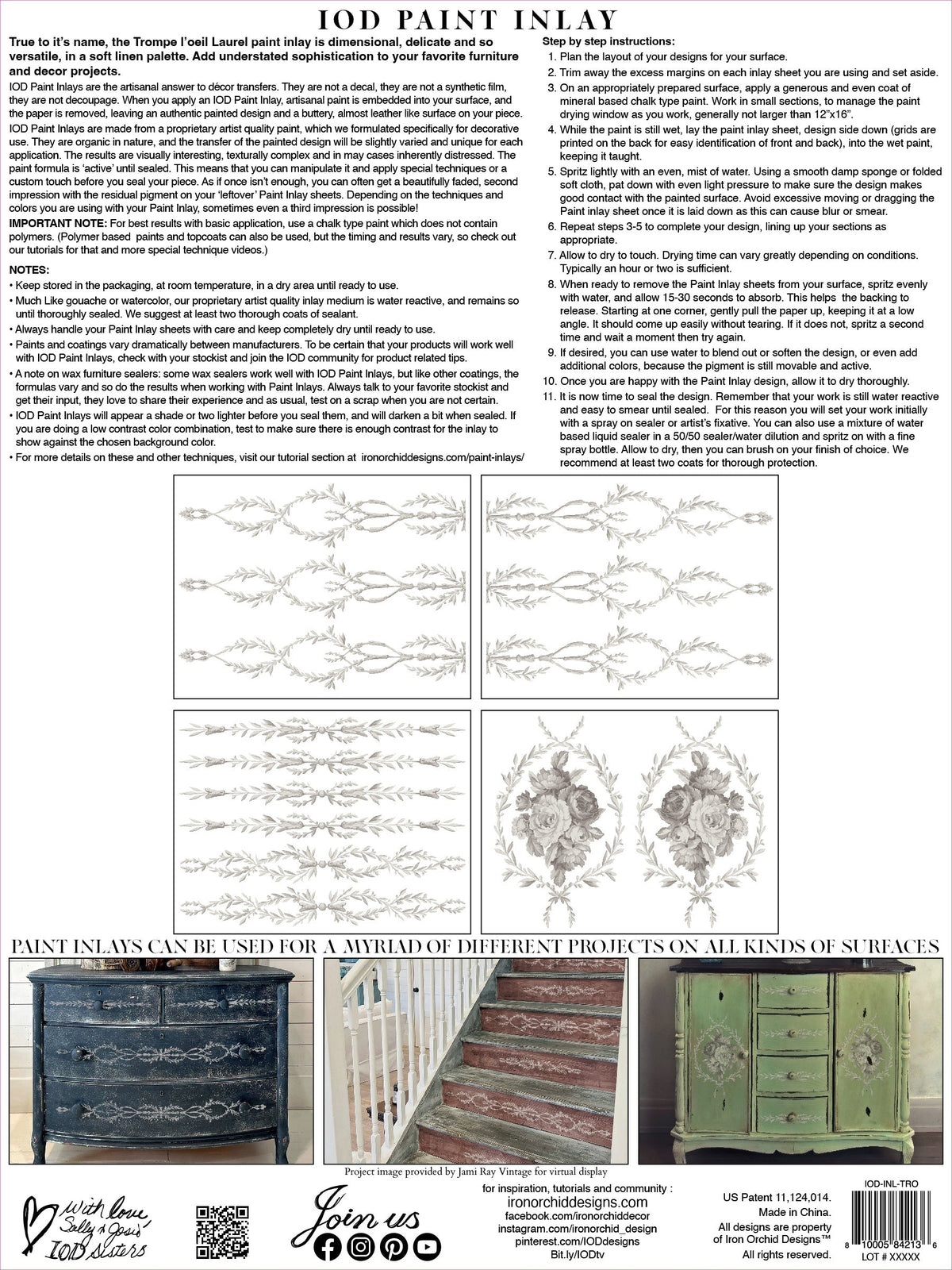 Trompe L’oeil Laurel Paint Inlay by I.O.D., designed for reuse on flat-painted furniture; seal and store dry after use.