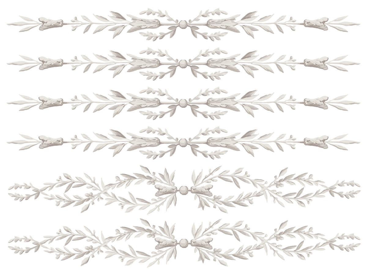 Five beige leaf and berry borders from I.O.D. Trompe L’oeil Laurel Paint Inlay set.