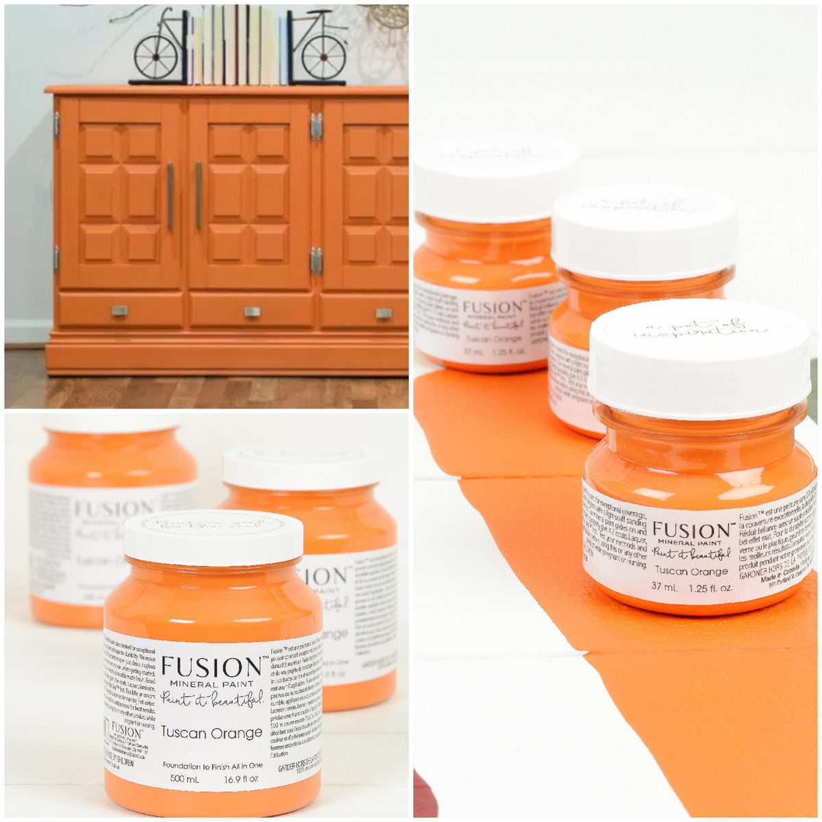 Three jars of Fusion Mineral Paint in Tuscan Orange (Seasonal) next to painted surfaces and a bold cabinet.