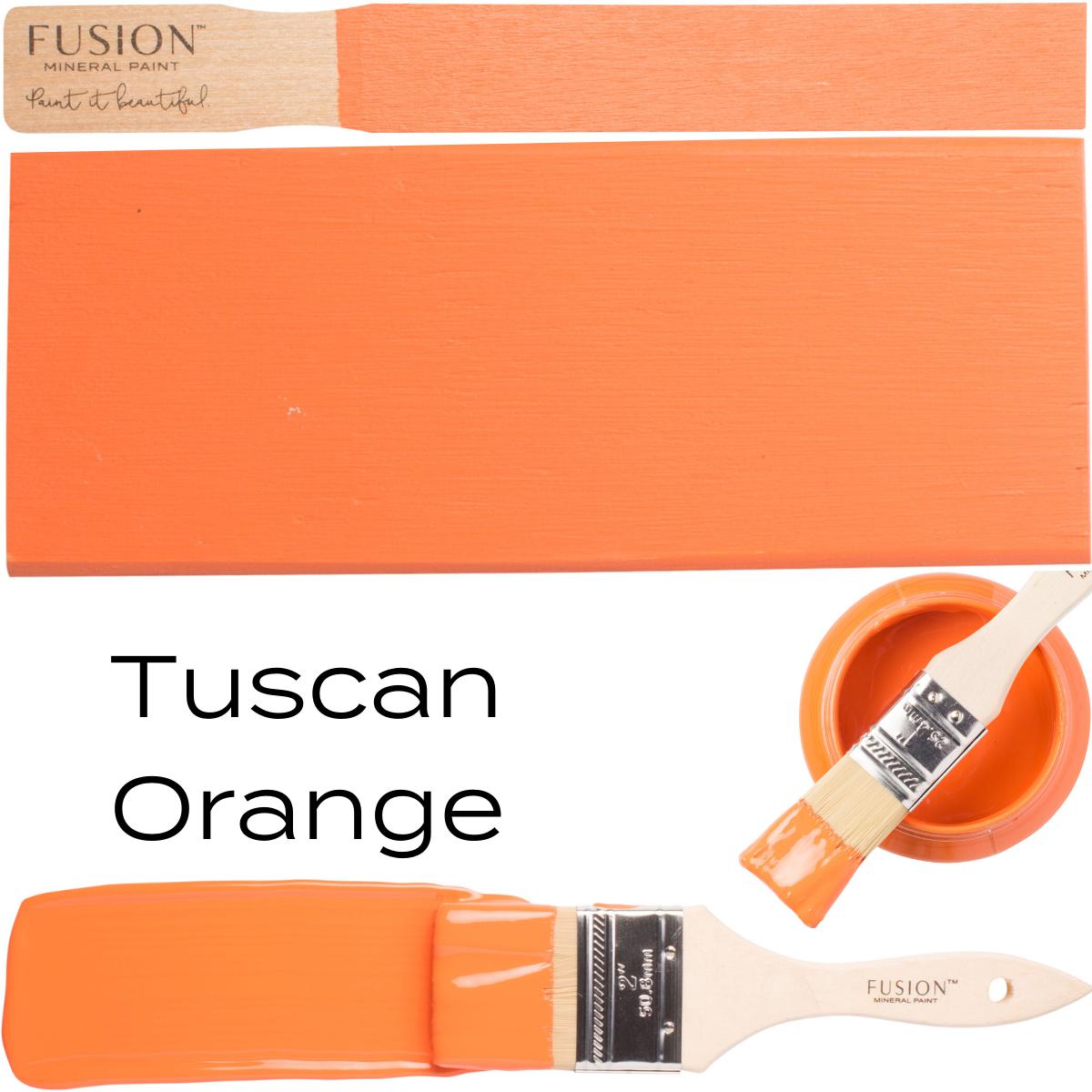 All-in-one acrylic brush next to a Tuscan Orange Fusion Mineral Paint (Seasonal) swatch by Fusion Mineral Paint.