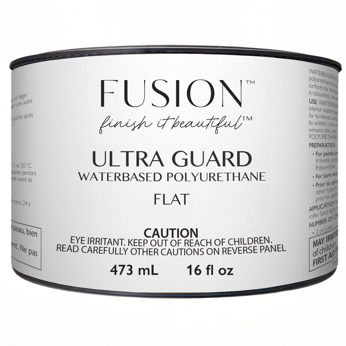 Fusion Mineral Paint Ultra Guard Flat, 473mL container with included instructions for protecting wood surfaces.