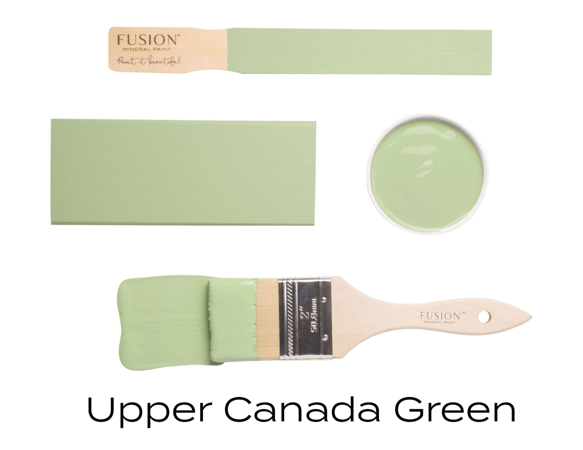 Four Upper Canada Green Fusion Mineral Paint (Seasonal) samples displayed as swatch, brush, and bowl.