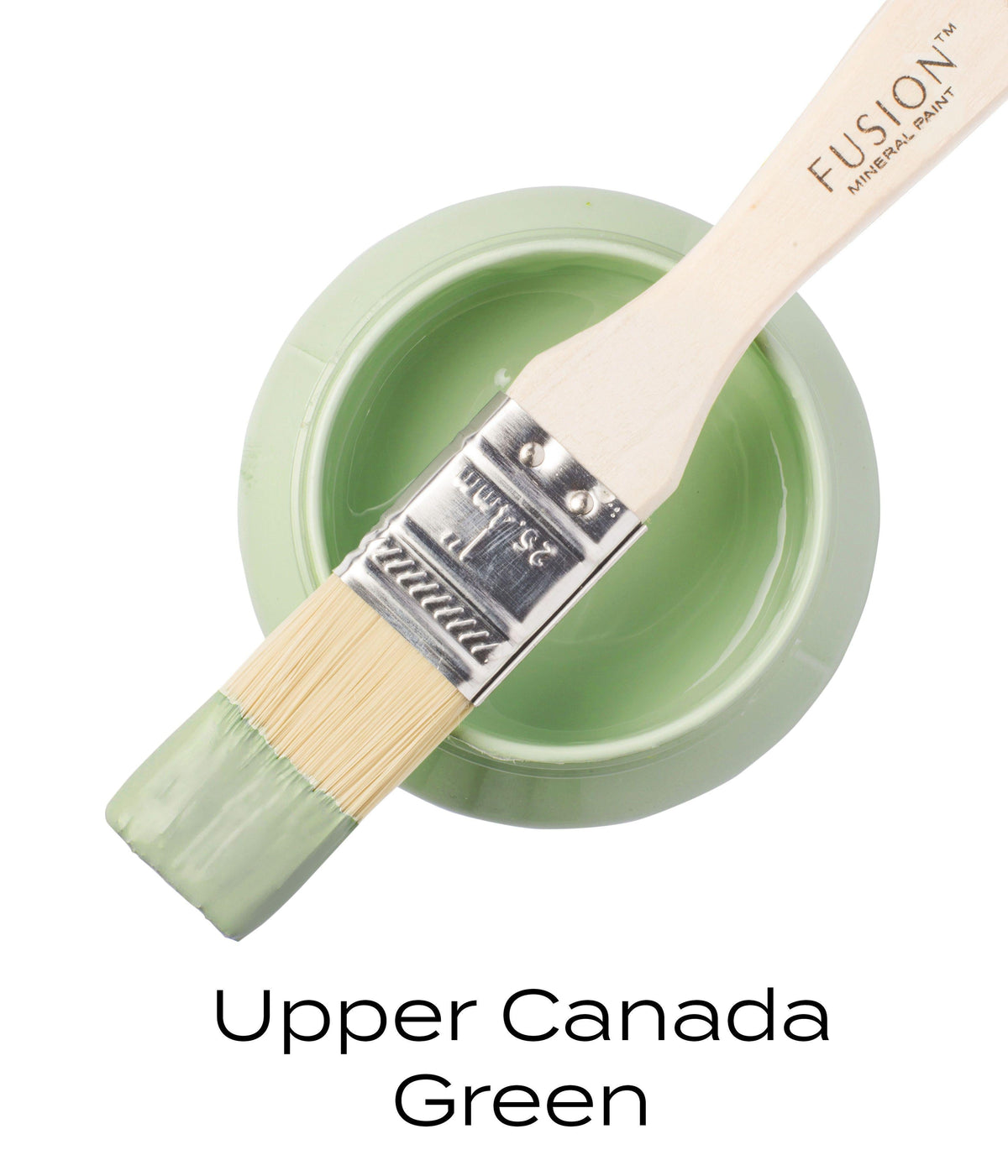 Fusion Mineral Paint jar in Upper Canada Green (Seasonal) with a brush resting on top, bristles dipped in paint.