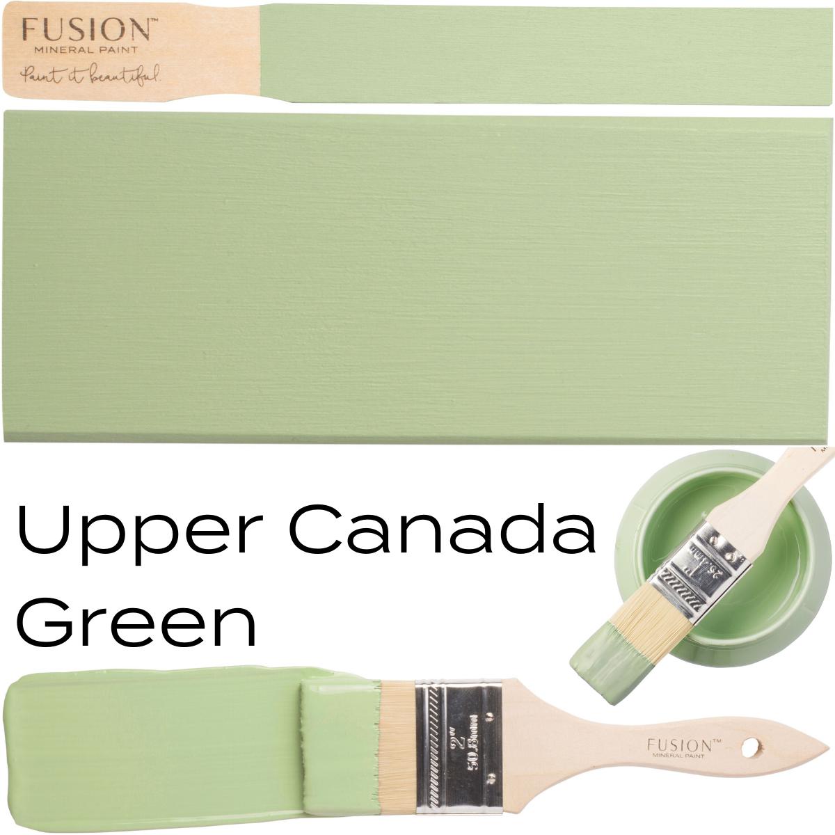 Fusion Mineral Paint Upper Canada Green (Seasonal) with brush, painted swatch, and bowl.