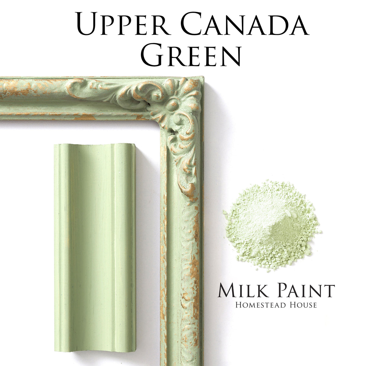 Green frame and molding displayed beside Upper Canada Green Milk Paint by Homestead House.