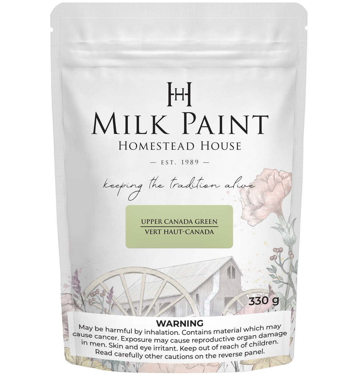 330g Homestead House Upper Canada Green Milk Paint bag with floral and wagon wheel graphics on the front.