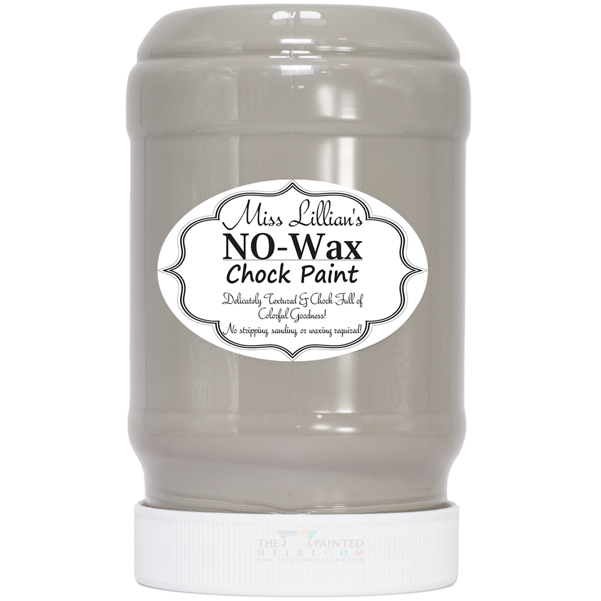 Miss Lillian’s Uptown Castle No-Wax Chock Paint, light gray, for furniture restoration projects.